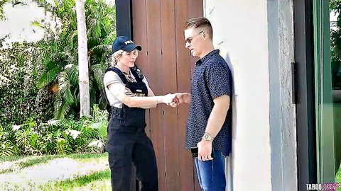 Blonde cop in uniform teases guy with big tits outdoors
