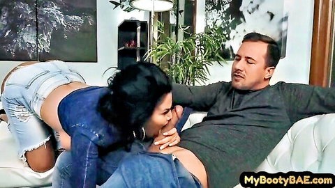 Curvy big booty Latina MILF in ripped jeans throating cock
