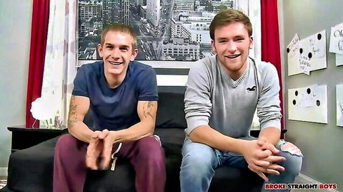 Two young athletic men smiling casually in Broke Straight Boys scene