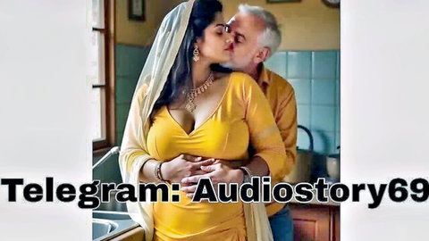 Curvy Indian stepmom in yellow saree kisses older man passionately