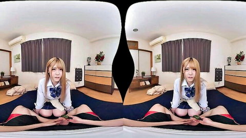 VR teasing Asian blonde schoolgirl in uniform spreading legs