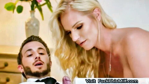 Rachael Cavalli blonde MILF giving intense blowjob to young stud