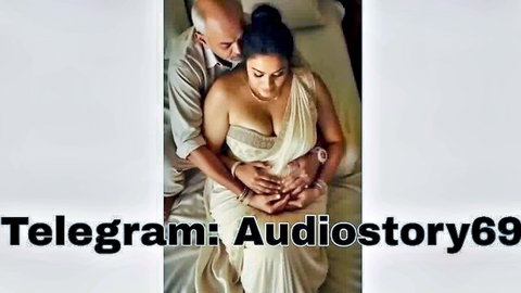 Pregnant Indian MILF in white saree embraced by older man from behind