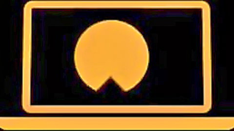 Glowing orange circle with notch icon on yellow laptop screen outline
