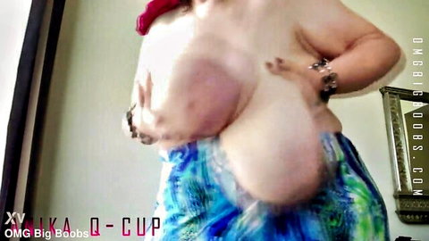BBW MILF with massive saggy D-cup tits exposed lifting huge boobs in mirror