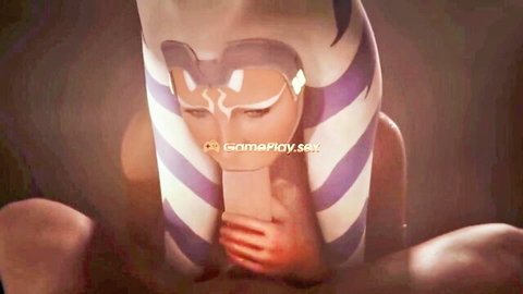 3D Ahsoka Tano grips thick white cock between her thighs with both hands in striped outfit