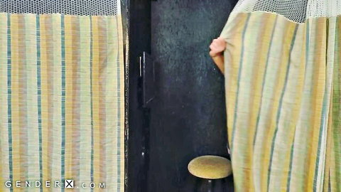 Alisia Rae pulls back striped shower curtain in teasing reveal