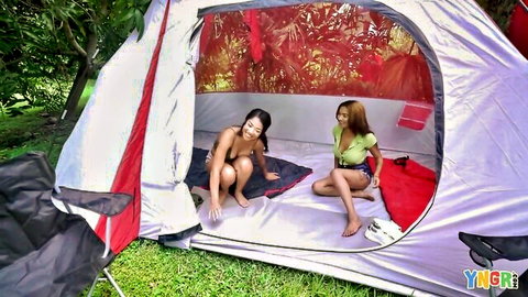Babi Star & Malina Melendez nude in tent, teasing pussies for drilling
