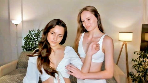 Shy 18yo camgirl Sharikasteuck and teen friend in white bras, teasing close-up