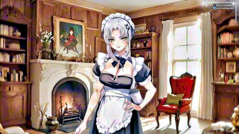 Busty anime yandere maid in frilly black dress posing seductively