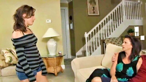 MILF mom in floral dress teaches young brunette teen blowjob skills from taboo video
