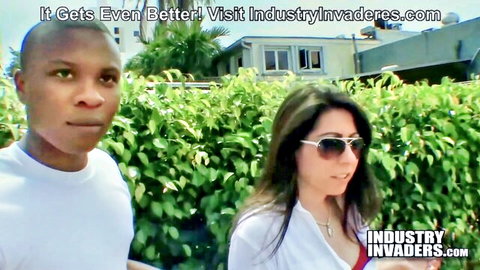 Interracial couple in sunglasses teasing public BBC sex on rooftop