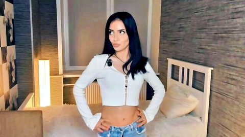 Cristalpeno young shy teen camgirl in white crop top and jeans
