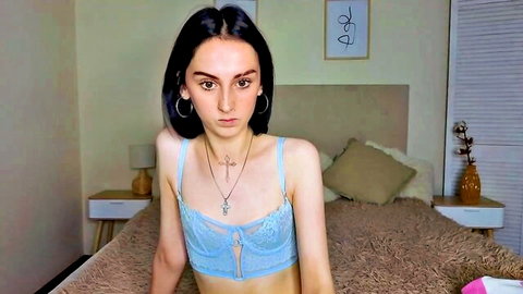 Beatifulpa1n in blue lace bra, skinny natural beauty posing seductively