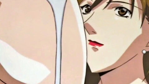 Anime busty babe peeks seductively from behind phallic toy in lezdom tease