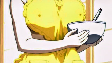 Busty mature anime woman in revealing yellow apron holds bowl, exposing large nipples