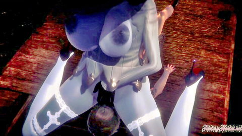 3D hentai babe with huge tits in crotchless latex suit rides cock reverse cowgirl, pussy stuffed full