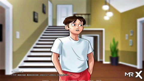 Surprised anime boy in white shirt and red shorts from Summertime Saga adult game