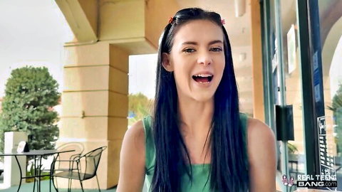 Bella Nova smiling in tight green tank top outdoors, Bang Bros