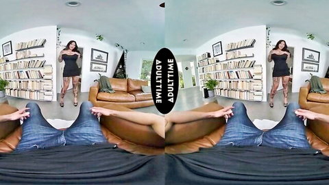 VR interracial tease with tattooed MILF Connie Perignon in black dress