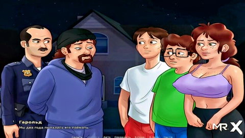 Anime redhead with big tits and group of guys outside house at night