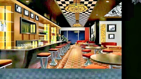 3D rendered stylish bar interior with checkered ceiling, glowing lamps, bar stools and ornate decor.