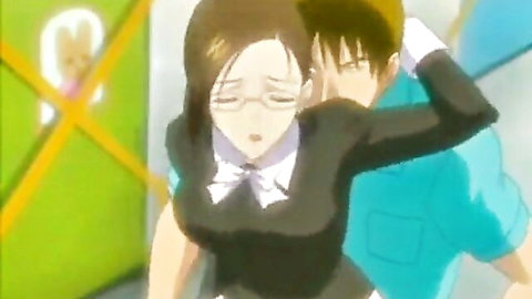 Busty anime secretary with glasses roughly grabbed by young man from behind