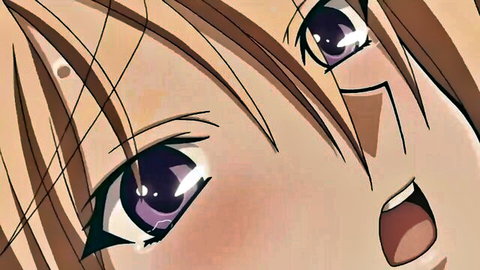 Blonde hentai girl ahegao face with wide purple eyes blush and open moaning mouth