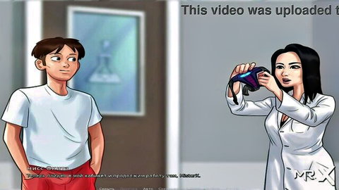 Cartoon teen boy in bathroom surprised by Asian MILF doctor holding camera