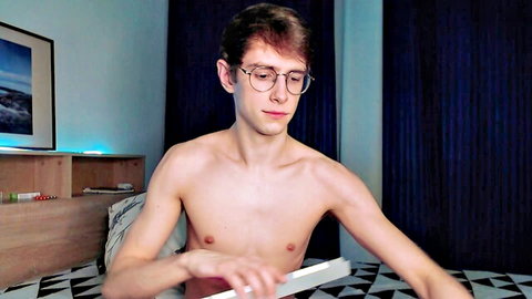 Alfie Evanss shirtless twink in glasses, amateur gay teaser