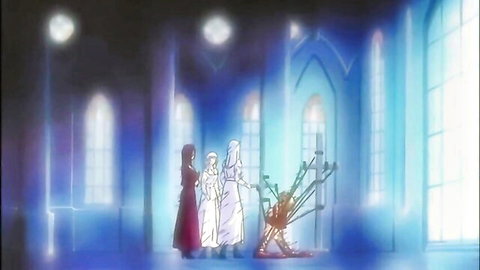 Japanese hentai anime with three slim teens in elegant dresses posing mysteriously