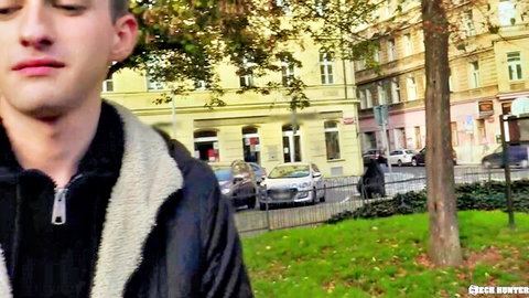 Young trans guy in fur jacket outdoors, ready for money blowjob at Love Trans Sex