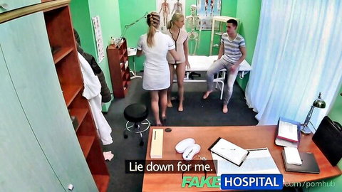 Blonde nurses in short white dresses seducing male patient in clinic exam