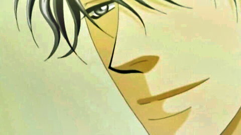 Anime boy with long black hair and intense blue eyes in romantic hentai scene