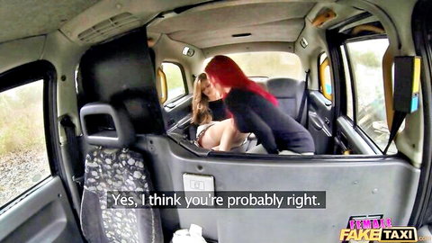 Redhead driver eats out brunette passenger in Fake Taxi lesbian scene