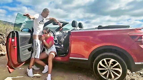 Italian exhibitionist couple outdoor blowjob by red convertible car
