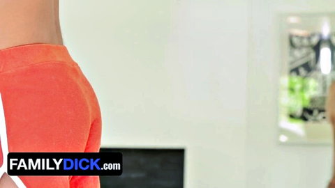 Trans stepson in tight orange pants showing big ass from behind