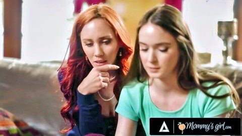 Redhead MILF and 18yo teen girl in intense tutorial gaze, lesbian tease