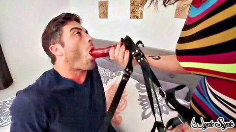 Sara Jay dominates Lance Hart with strap-on dildo oral in hot scene