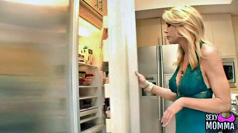 Blonde Alexa Styles in sexy green lace dress teasing by fridge