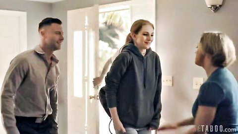 Smiling stepdad in shirt chats with young blonde in hoodie and short-haired MILF in taboo home scene