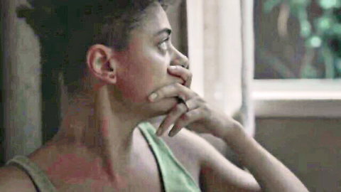 Barbara Luz thoughtful profile in green top, nude tits celeb scene