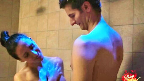 Hot real couple's first swinger club shower encounter, nude embrace