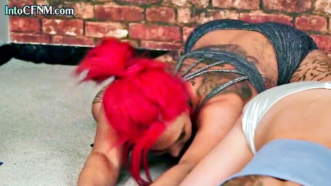 Tattooed redhead women in CFNM yoga outfits group handjob scene
