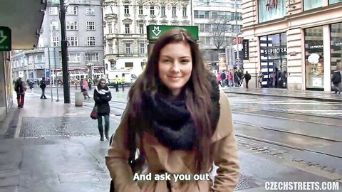 Brunette Czech pickup girl smiling on wet street in coat before stranger fuck