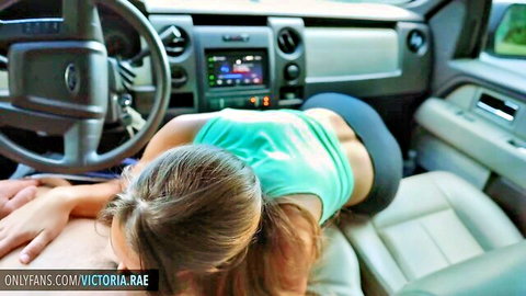 Victoria Rae bending over in car for parking lot blowjob