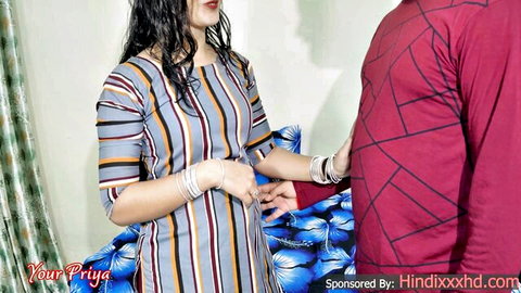 Curvy Indian Priya in wet striped dress touching boyfriend's hand intimately in apartment