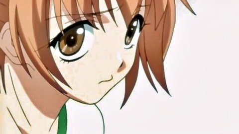 Close-up of cute freckled anime girl with orange hair and big brown eyes pouting intensely