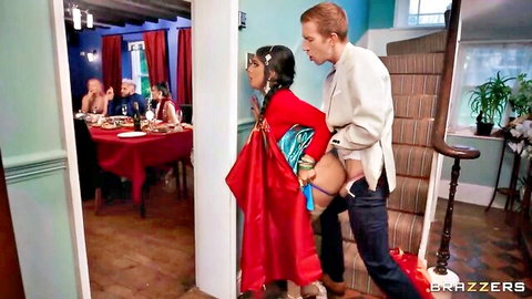 Guy with exposed hard cock drags bound curvy brunette in red cape from cuckold dinner party table