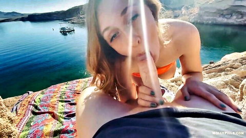 Molly Pills redhead lakeside POV fuck in orange bikini, shushing playfully